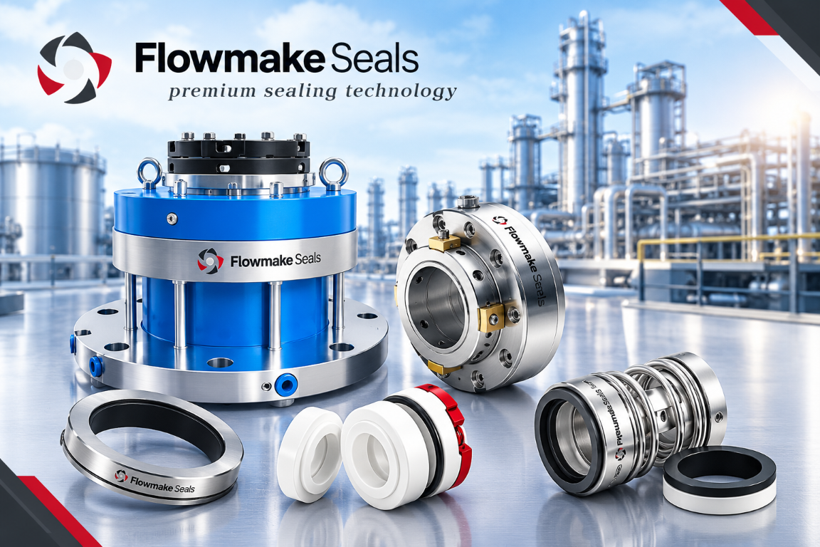 Flowmake Seals products displayed in front of an industrial facility, with ISO certification, CNC and VMC setup, hydro and vacuum testing, and custom solutions